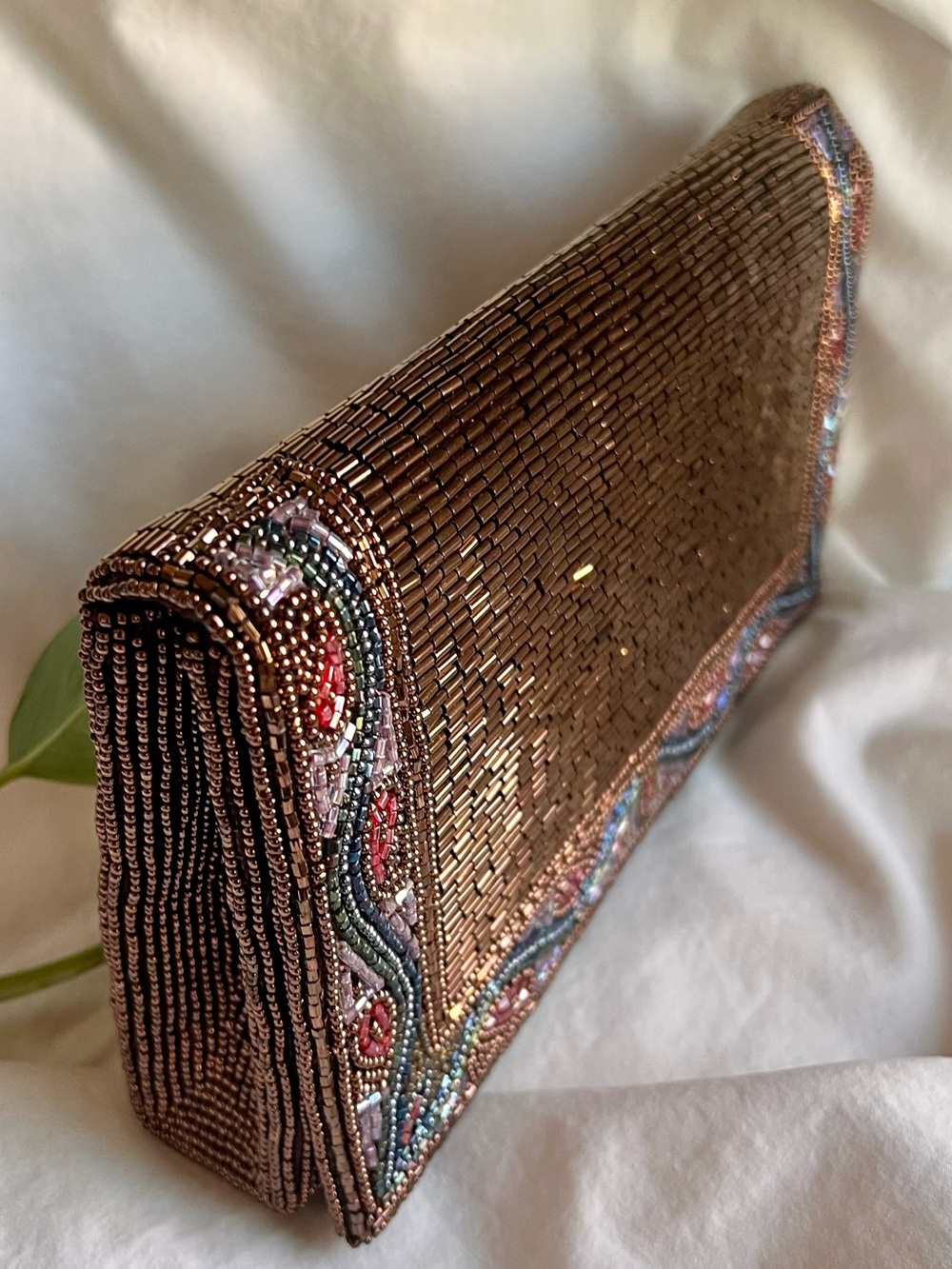 Walborg Brown Beaded Clutch Vintage with Multicolor Trim